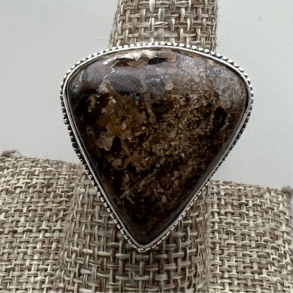 New Bronzite or Brown Jasper Stone Silver Overlay Vintage Style Ring Size 8.25